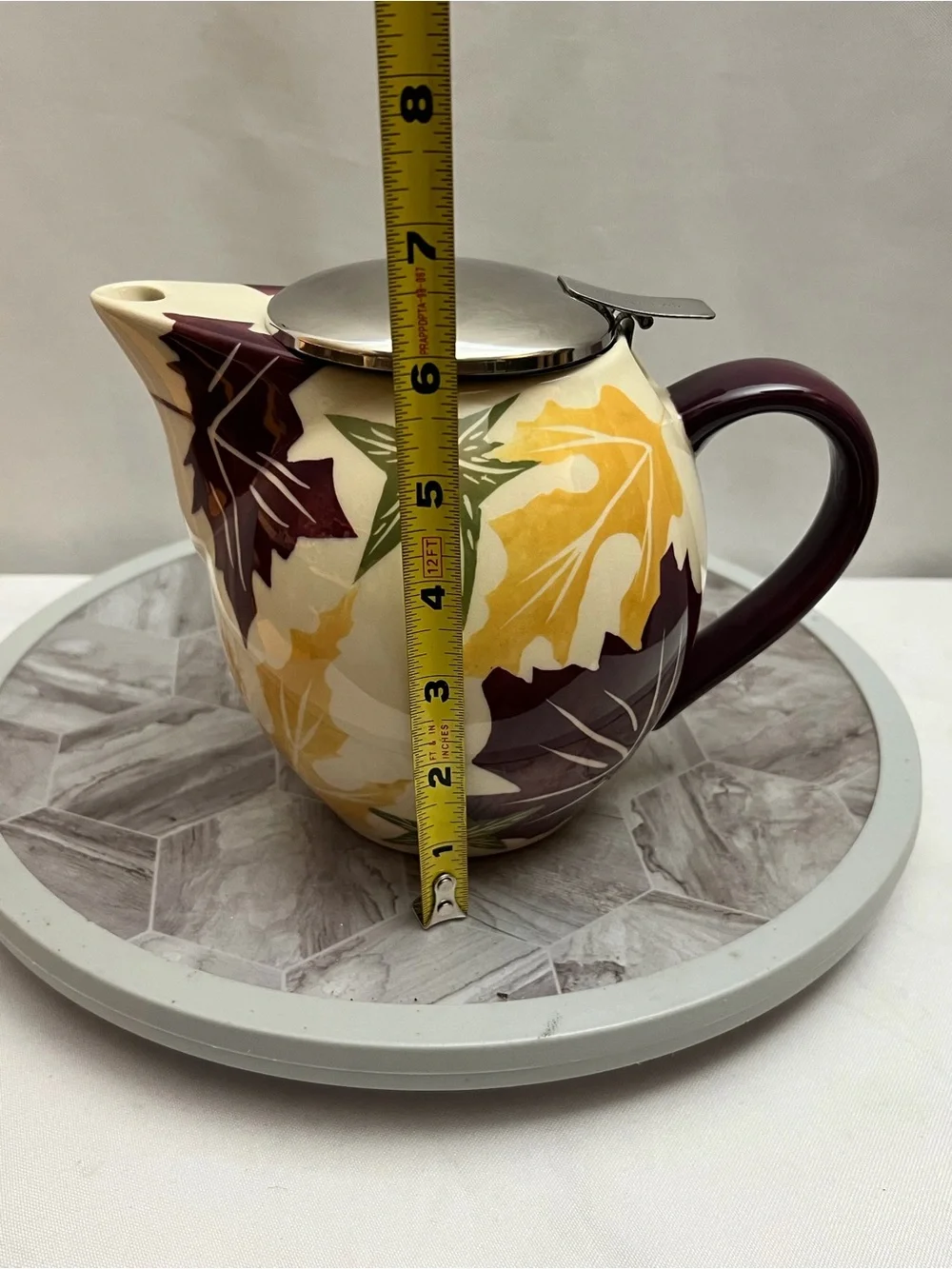HuesNBrews I-Pot Ceramic Tea Infuser Pot Fall Leaves Stainless Lid Strainer Box